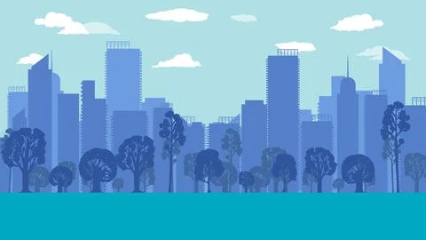 Flat cartoon side view of tree in the park and city town background Stockillustratie