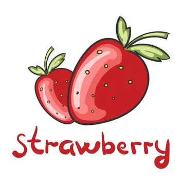 Flat cartoon strawberry with text print isolated on white background. Summer Stock Illustration