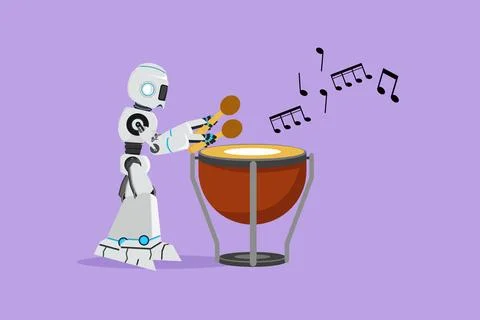 Flat cartoon style drawing active robot percussion player holding stick and.. Illustrazione stock