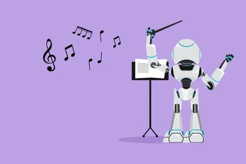 Flat cartoon style drawing back view of robot conductor character performin.. Stock Illustration