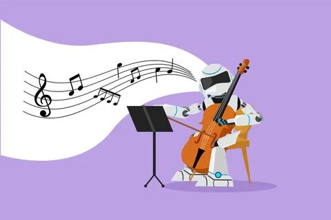 Flat cartoon style drawing robot musician playing stringed contrabass or ce.. Illustrazione stock