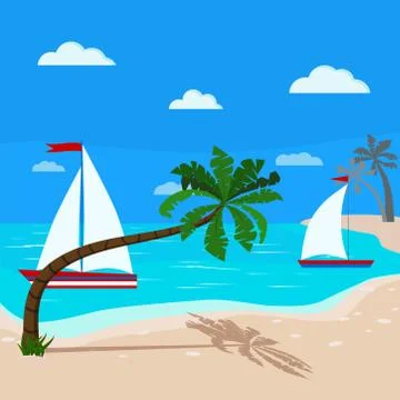 Flat cartoon style seascape with two sailboats, clouds, blue sky, sand coastl 스톡 일러스트