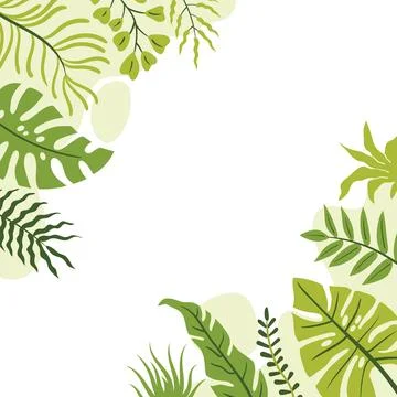 Flat cartoon style square poster with corner border of tropical leaves and .. Illustrazione stock