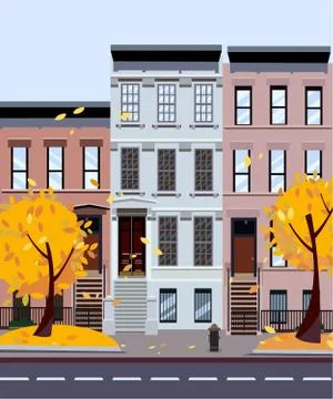 Flat cartoon style vector illustration of an autumn city street. Three-four-s Stock Illustration