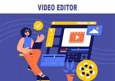 Flat Cartoon Style Vector Illustration of Video Editing Software for Social.. Illustrazione stock