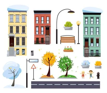 Flat cartoon style vector two-story city houses, street with road, trees, ben Stock Illustration