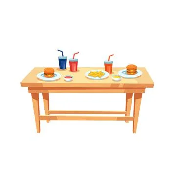 Flat cartoon table with plastic cups,various sauces,french fries and burgers on Stock Illustration