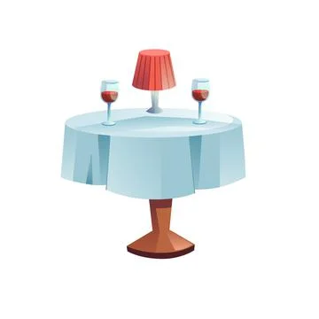 Flat cartoon table with tablecloth,lamp and two glasses of wine,cafe or Stock Illustration
