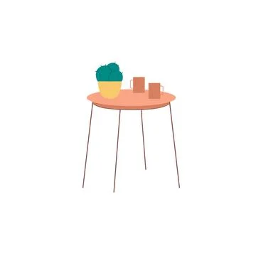 Flat cartoon table with two cups and home plant,house furniture,room interior Stock Illustration