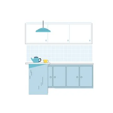 Flat cartoon teapot,cup on cooking table with cabinet,home furniture,kitchen Stock Illustration