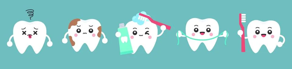 Flat cartoon tooth characters with dead tooth, tartar stain, toothpaste, to.. Stock Illustration
