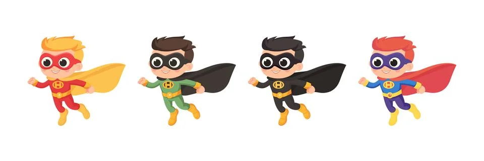 Flat Cartoon Vector Cute Superhero Kids Set. Cartoon Boys in Colorful Superhero Stock Illustration