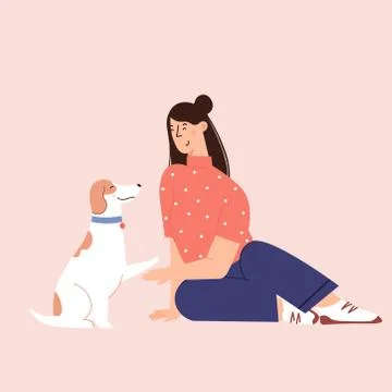 Flat cartoon vector illustration about human and puppy friendship 스톡 일러스트
