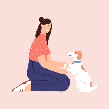 Flat cartoon vector illustration about human and puppy friendship Illustrazione stock