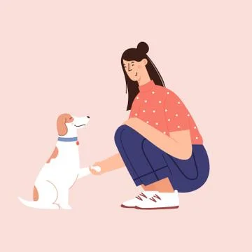 Flat cartoon vector illustration about human and puppy friendship Stock Illustration
