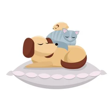 Flat cartoon vector illustration cat and hamster sleeps comfortably on dog. S Stock Illustration
