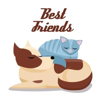 Flat cartoon vector illustration cat sleeps comfortably on dog. Sweet dreams  Stock Illustration