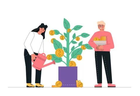 Flat cartoon vector illustration concept man and woman watering money tree. P Stock Illustration