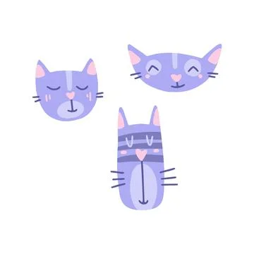 Flat cartoon vector illustration with cute muzzles of cats, hand drawn style. Stock Illustration