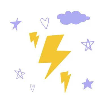 Flat cartoon vector illustration with cute lightnings, hearts and stars, ha.. Stock Illustration