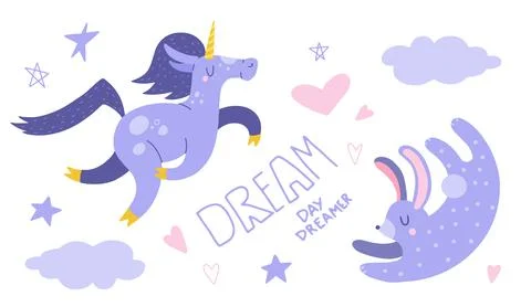Flat cartoon vector illustration with cute unicorn and rabbit, hand drawn s.. Stock Illustration