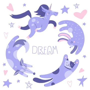 Flat cartoon vector illustration with cute unicorn, cat, fox and rabbit, ha.. Stock Illustration