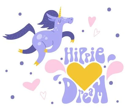 Flat cartoon vector illustration with cute unicorn, hand drawn style. Hippi.. Stock Illustration