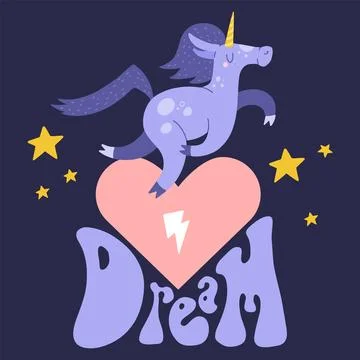 Flat cartoon vector illustration with cute unicorn, hand drawn style. Hippi.. Stock Illustration
