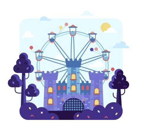 Flat cartoon vector illustration with ferris wheel spinning Stock Illustration