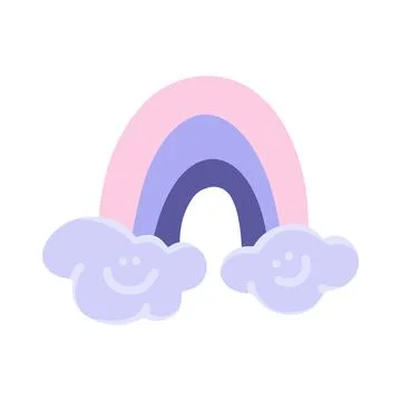 Flat cartoon vector illustration with rainbow and clouds, hand drawn style. Stock Illustration
