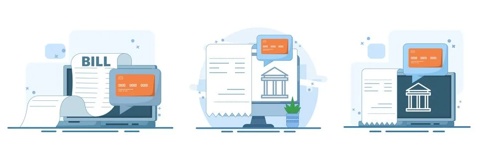 Flat cartoon vector illustration set of online payment on computer Stock Illustration