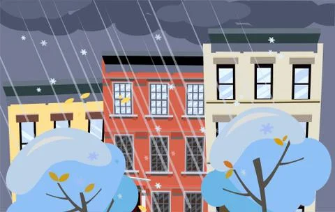 Flat cartoon vector illustration of winter snowy city street. Dark clouds ove Stock Illustration