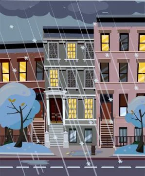 Flat cartoon vector illustration of winter snowy city street at night. 3-4-st Stock Illustration