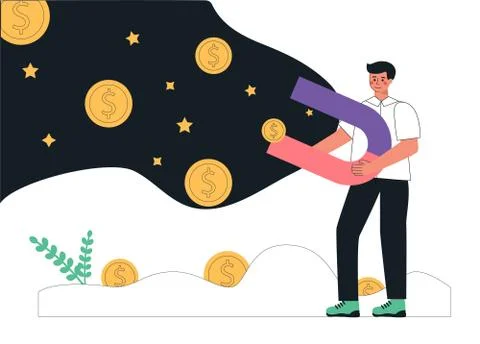 Flat cartoon vector illustration of a young businessman attracts money, dolla Stock Illustration