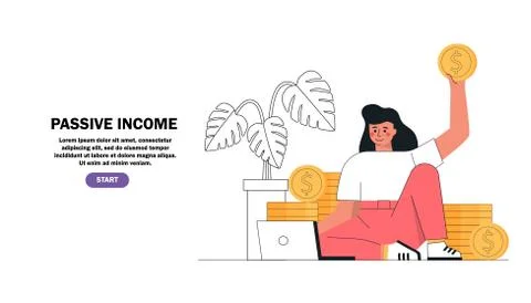 Flat cartoon vector illustration young girl sitting with laptop earning money Stock Illustration