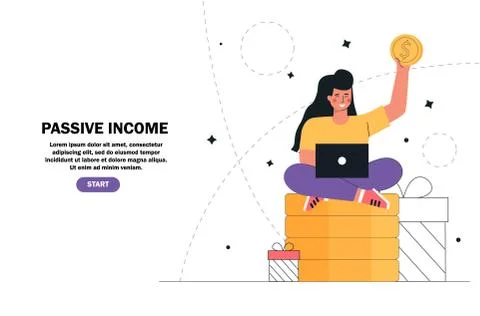 Flat cartoon vector illustration young girl sitting on a stack money, gold co Stock Illustration