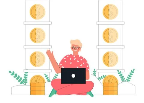 Flat cartoon vector illustration young man sitting with laptop earning money  Stock Illustration