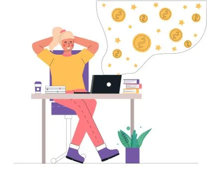 Flat cartoon vector illustration of a young businesswoman sitting, relaxing a Stock Illustration