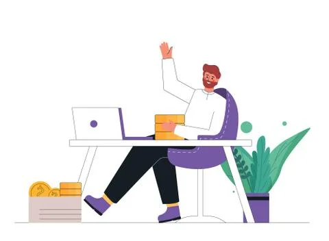 Flat cartoon vector illustration of a young businessman sitting, relaxing and Illustrazione stock