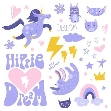 Flat cartoon vector illustrations set with cute unicorn, cats and rabbit, h.. Stock Illustration