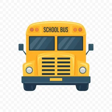 Flat Cartoon Vector School Bus Icon, Isolated. Yellow School Bus Front View Stock Illustration