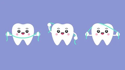 Flat cartoon white tooth characters using dental floss on purple background Stock Illustration