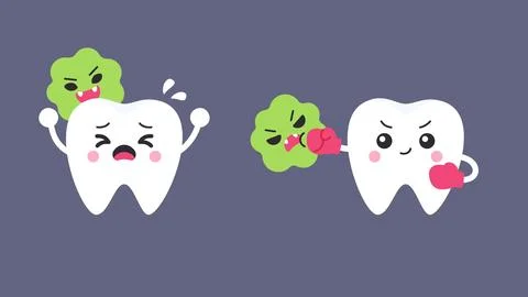 Flat cartoon white tooth characters fighting back against bacteria with box.. Stock Illustration