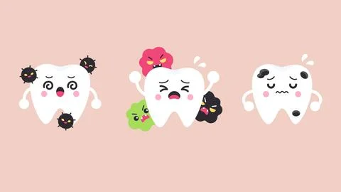 Flat cartoon white tooth characters being attacked by bacteria and germs on.. Stock Illustration