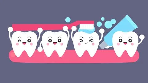 Flat cartoon white tooth characters on gum being brushed with toothbrush an.. Stock Illustration