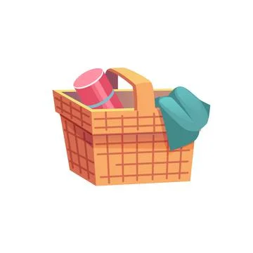 Flat cartoon wicker picnic basket,summer time outdoor recreation vector Stock Illustration