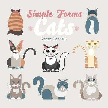 Flat cats isolated vector set. Cartoon illustration icons domestic cat Stock Illustration