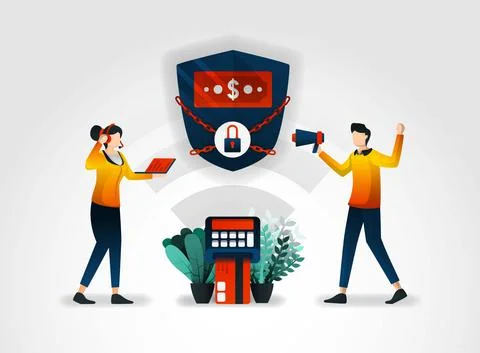 Flat character. Banking guarantees the security of customer financial data. f Stock Illustration