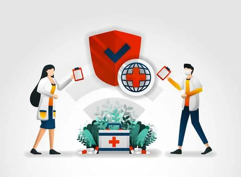 Flat character. doctors provide security policies for hospital services for e Stock Illustration