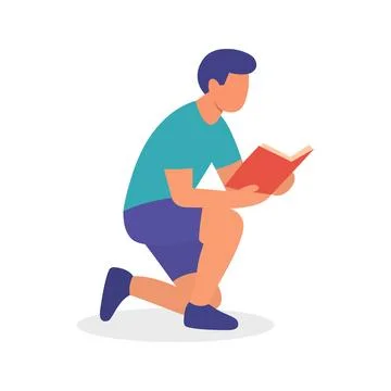 Flat character of man kneeling while reading a book. Modern vector style for Stock Illustration